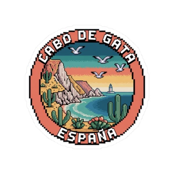 Cabo de Gata Spain Sticker - Retro Pixel Art Travel Badge with Cliffs, Lighthouse & Cactus - Vintage Mediterranean Souvenir Decal
