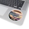 Cadaqués España Round Sticker - Sunset Coastal Vinyl Decal, Travel Souvenir, Mediterranean Village Boats, Retro Art Print