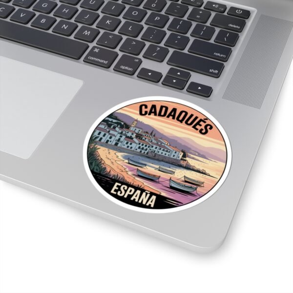 Cadaqués España Round Sticker - Sunset Coastal Vinyl Decal, Travel Souvenir, Mediterranean Village Boats, Retro Art Print