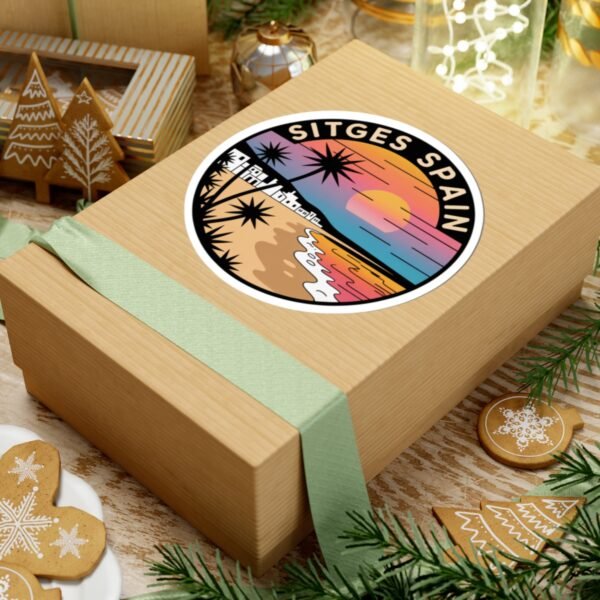 Sitges Spain Sticker - Retro Sunset Beach Vinyl Decal with Palm Trees and Mediterranean Coastline Travel Art Souvenir
