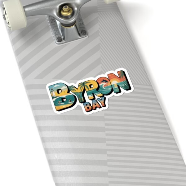 Byron Bay Australia Sticker - Retro Coastal Surf Design with Sunset, Lighthouse, Palm Trees, Ocean Waves & Dolphin - Travel Souvenir Art