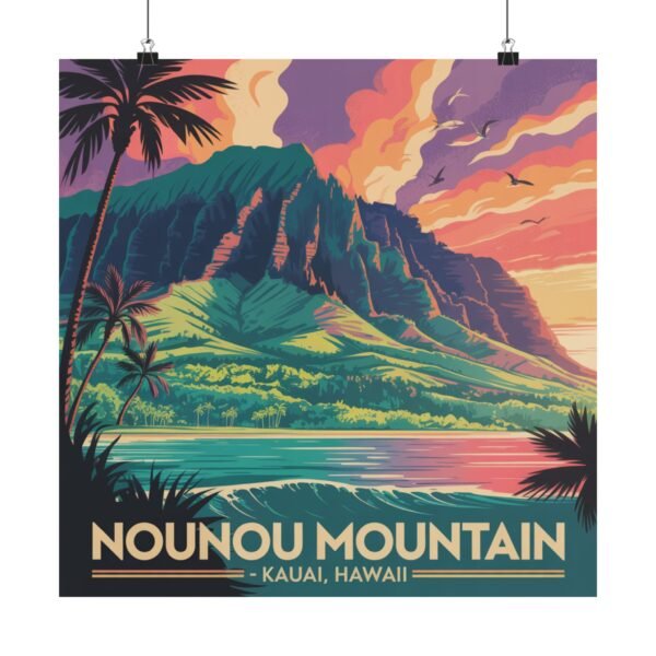 Nounou Mountain Kapaa Hawaii Poster - Retro Travel Wall Art Print of Sleeping Giant - Vintage Coastal Sunset Landscape Decor