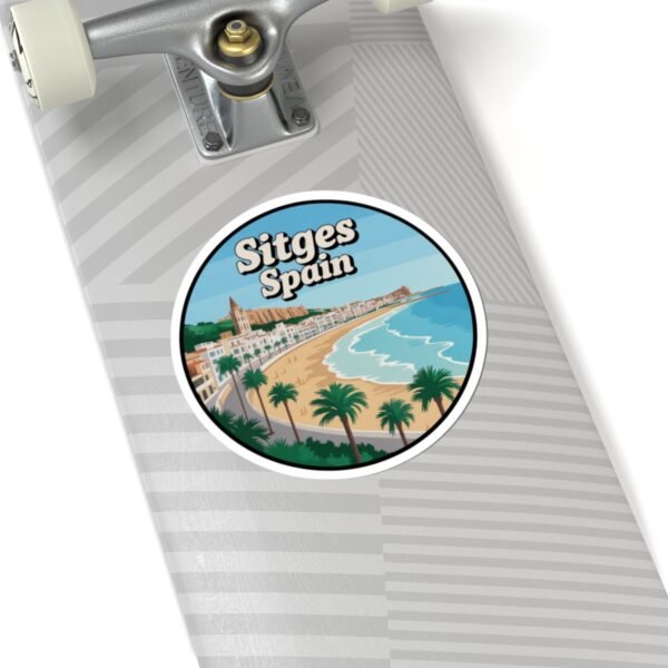 Sitges Spain Sticker - Retro Travel Coastal Beach Design with Palm Trees, Mediterranean Souvenir Decal