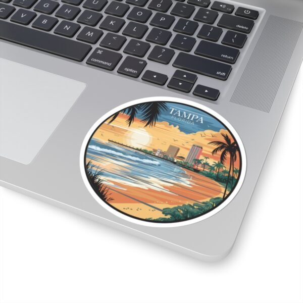 Tampa Florida Sticker - Retro City Beach Sunset Design with Palm Trees and Pier - Vintage Coastal Skyline Travel Souvenir Decal
