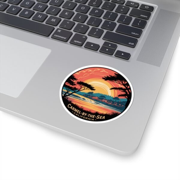 Carmel-by-the-Sea California Sunset Sticker - Vintage Coastal Round Design with Cypress Trees, Ocean Waves & Village Skyline