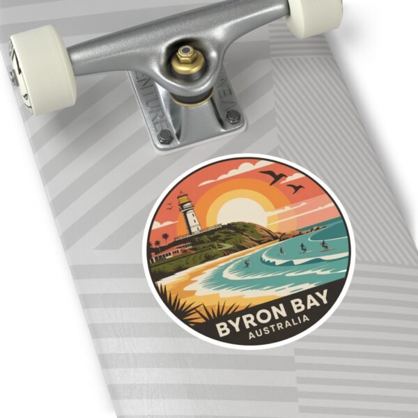 Byron Bay Australia Round Vinyl Sticker - Retro Beach Sunset Design, Coastal Souvenir, Waterproof Surf & Travel Decal
