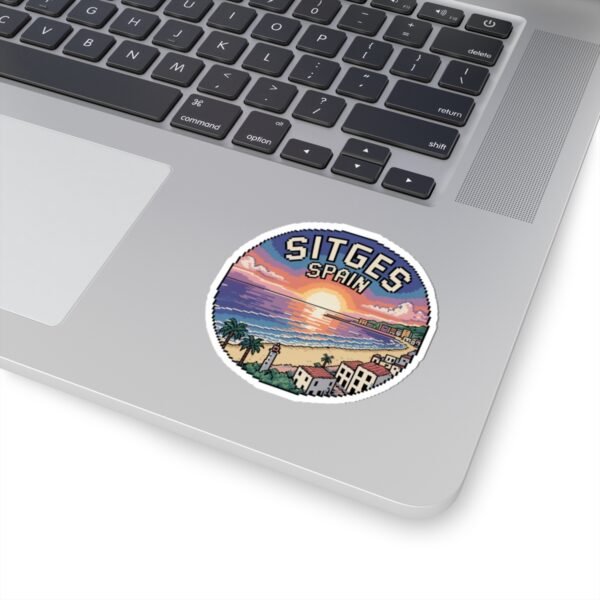 Sitges Spain Sticker - Retro Pixel Sunset Coastal Design, 8-Bit Mediterranean Travel Art