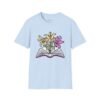 Book and Flowers T-Shirt - Yellow and Purple Lilies Design, Literary Botanical Art Tee, Unisex Gift for Readers and Nature Lovers