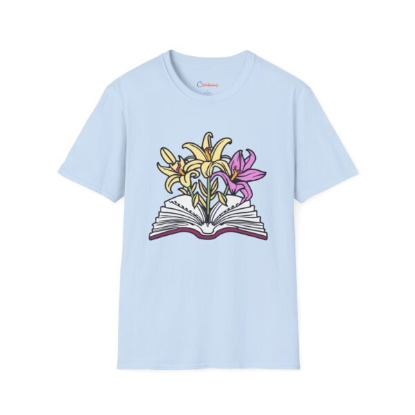 Book and Flowers T-Shirt - Yellow and Purple Lilies Design, Literary Botanical Art Tee, Unisex Gift for Readers and Nature Lovers