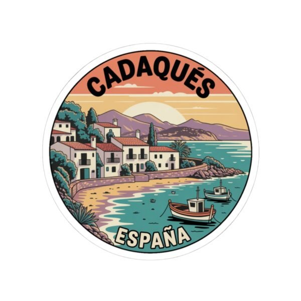 Cadaqués España Sticker - Retro Coastal Travel Art with Boats, Sunset and Mediterranean Village - Vintage Style Spanish Souvenir