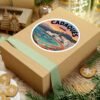 Cadaqués España Round Vinyl Sticker - Retro Coastal Design with Fishing Boats, Mediterranean Village Art, Travel Souvenir