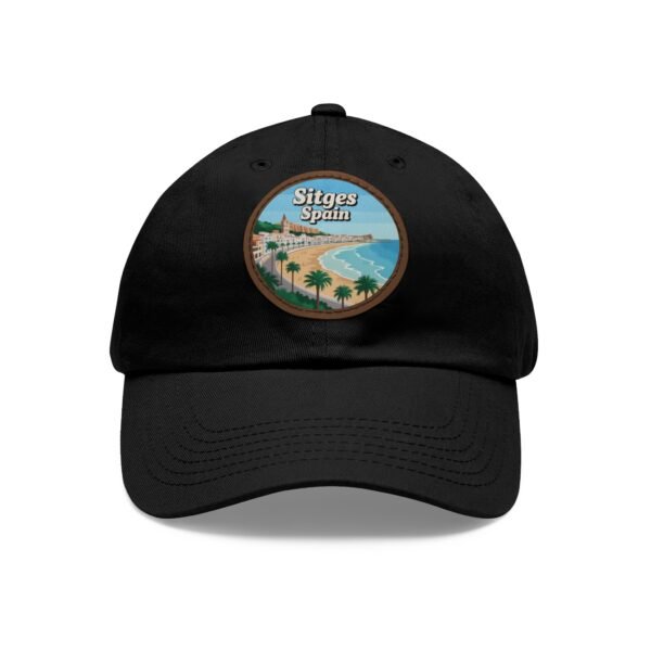 Sitges Spain Hat - Vintage Leather Patch Dad Cap with Coastal Beachfront Design, Adjustable Strapback, Travel Souvenir Gift