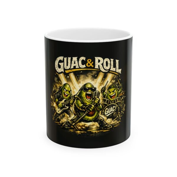 Guac & Roll Mug: Funny Avocado Rock Band Coffee Cup