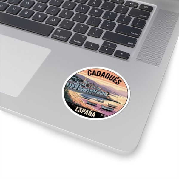 Cadaqués España Round Sticker - Sunset Coastal Vinyl Decal, Travel Souvenir, Mediterranean Village Boats, Retro Art Print