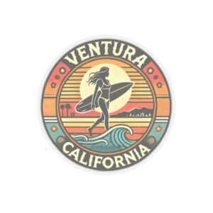 Kiss-Cut Stickers - Retro Ventura California Vintage Surf Girl Design, Beach Lover Decal, Laptop Sticker, Water Bottle Label, Scrapbook