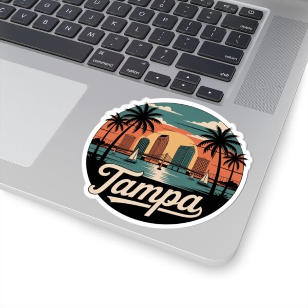 Tampa Florida Sticker - Retro Circular Skyline with Dome, Bridge & Palm Trees - Vintage Coastal Travel Souvenir Decal for Water Bottles