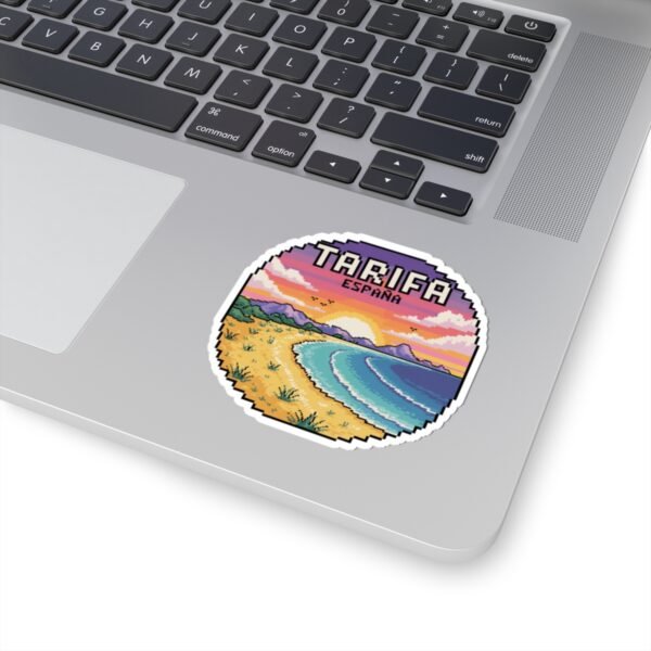 Tarifa España Sticker - Pixel Art Sunset Beach Scene, Retro Coastal Travel Badge Vinyl Decal for Laptop, Water Bottle