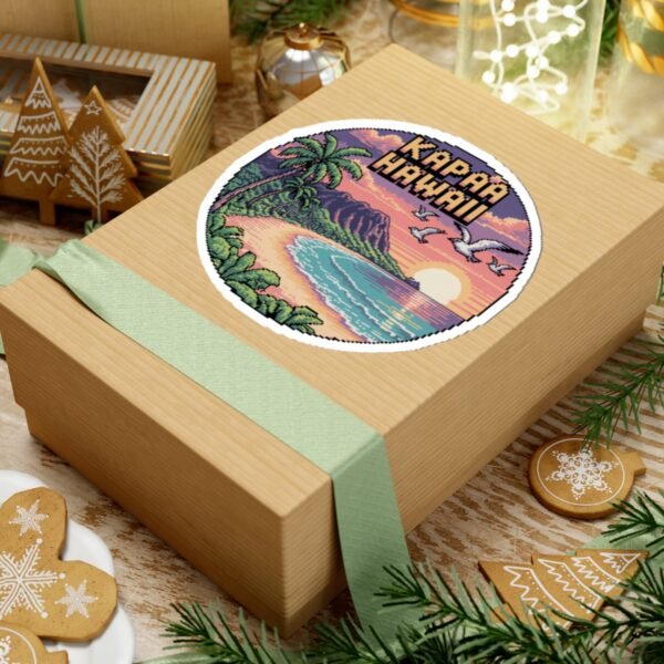 Kapaa Hawaii Pixel Art Sticker - Retro 8-Bit Sunset Beach Scene with Palms & Ocean Waves - Vintage Travel Aesthetic Gaming Souvenir
