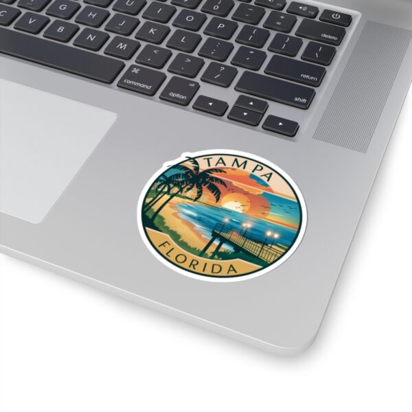 Tampa Florida Sticker - Retro Sunset Beach Pier Design with Palm Trees and Ocean Waves - Vintage Coastal Travel Souvenir Decal