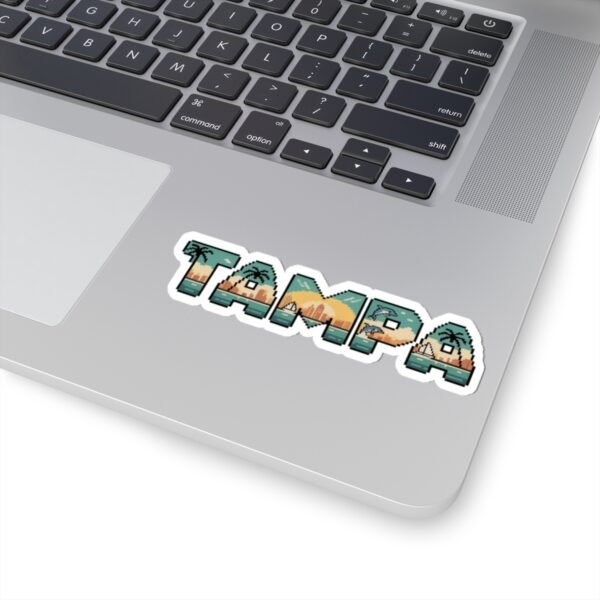 Tampa Pixel Art Sticker - Retro Gaming Coastal Design with Dolphins, Palm Trees, Sunset and Skyline - Florida Souvenir Decal