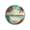 Tampa Florida Sticker - Vintage Coastal Pier Sunset Design with Palm Trees, Seagulls and Ocean Waves - Retro Travel Beach Souvenir