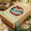 Byron Bay Australia Sticker - Retro Coastal Surf Design with Sunset, Lighthouse, Palm Trees & Surfers - Vintage Travel Souvenir Art
