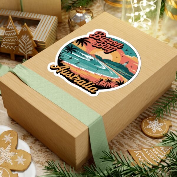 Byron Bay Australia Sticker - Retro Coastal Surf Design with Sunset, Lighthouse, Palm Trees & Surfers - Vintage Travel Souvenir Art