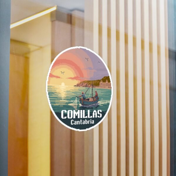 Comillas Spain Sticker: Fishermen Boat Sunset Pixel Art