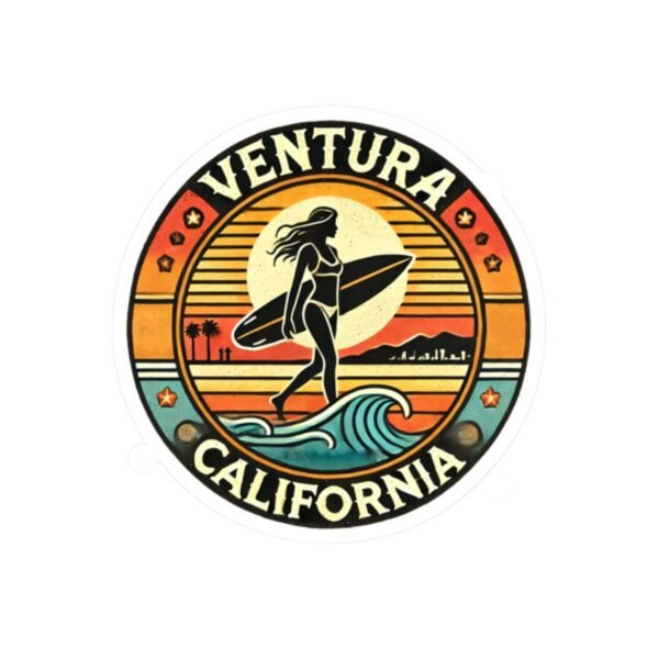 Kiss-Cut Stickers - Retro Ventura California Vintage Surf Girl Design, Beach Lover Decal, Laptop Sticker, Water Bottle Label, Scrapbook