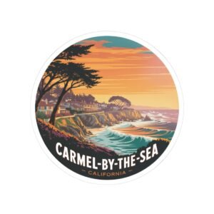 Carmel-by-the-Sea California Sticker - Retro Coastal Sunset Cliffside Ocean Waves Design - Vintage Travel Souvenir Vinyl Decal