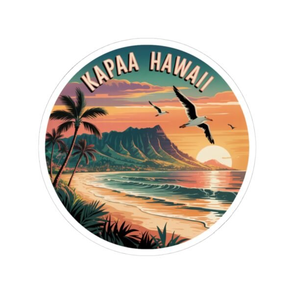11518938531055586743_1200.jpeg Kapaa Hawaii Sticker - Vibrant Sunset Beach Scene with Nounou Mountain & Seagulls - Vintage Coastal Travel Art Souvenir