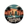 Tampa Florida Sticker - Retro Circular Skyline with Dome, Bridge & Palm Trees - Vintage Coastal Travel Souvenir Decal for Water Bottles