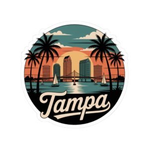 Tampa Florida Sticker - Retro Circular Skyline with Dome, Bridge & Palm Trees - Vintage Coastal Travel Souvenir Decal for Water Bottles