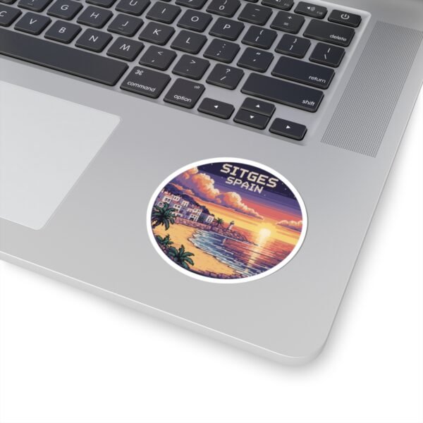 Sitges Spain Sticker - Pixel Art Sunset Mediterranean Coast Design, Retro Travel Round Vinyl Sticker for Laptops & Journals
