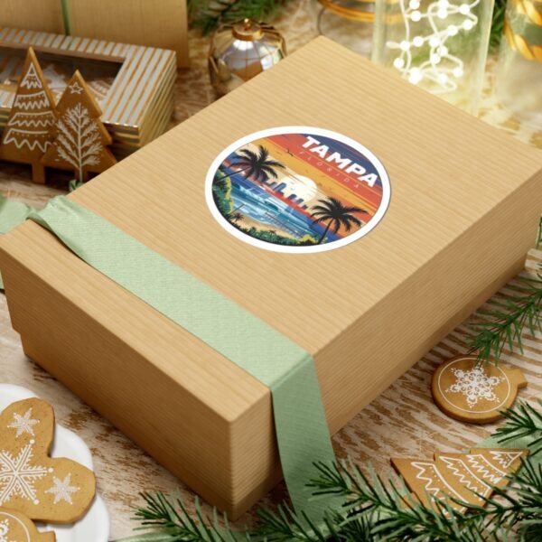 11599776936731582877_1200.jpeg Tampa Florida Sticker - Retro Coastal Sunset with Palm Trees, City Skyline, Ocean Waves & Pier | Vintage Travel Beach Art