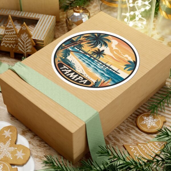Tampa Florida Sticker - Retro Coastal Pier Art with Palm Trees, Ocean Waves and Sunset Beach Scene - Vintage Travel Souvenir