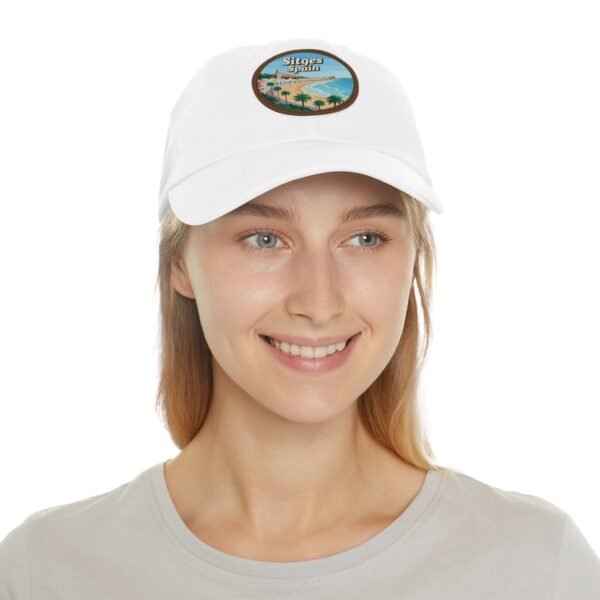 Sitges Spain Hat - Vintage Leather Patch Dad Cap with Coastal Beachfront Design, Adjustable Strapback, Travel Souvenir Gift