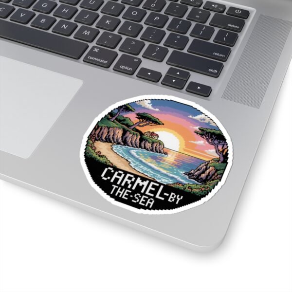11648490900581119818_1200.jpeg Carmel-by-the-Sea Sticker - Pixel Art Sunset Beach Cliffside Scene with Ocean Waves - Retro California Travel Souvenir Vinyl Decal