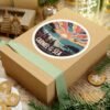Carmel-by-the-Sea Sticker - California Coast Sunset Art, Retro Coastal Design with Sailboat and Seagulls, Vintage Round Travel Souvenir