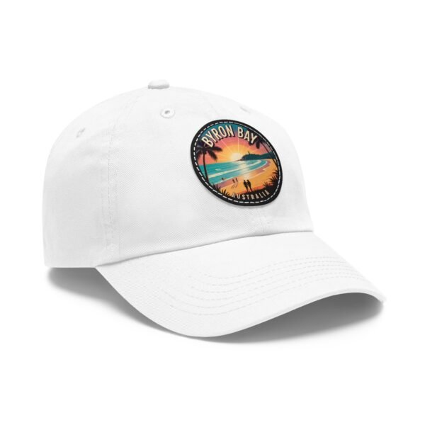 Byron Bay Hat - Retro Sunset Leather Patch Cap with Coastal Design, Australia Beach Souvenir, Surf Style Dad Hat Gift