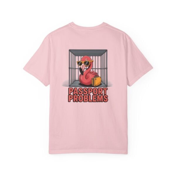 Funny Flamingo T-Shirt - Passport Problems Graphic Tee, Travel Humor Front & Back Print Shirt, Quirky Bird Streetwear Gift