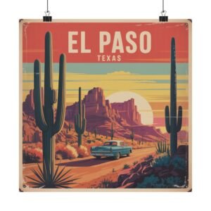 El Paso Texas Poster - Retro Desert Road Trip Wall Art | Vintage Cactus Sunset Print | Classic Car Southwestern Travel Decor