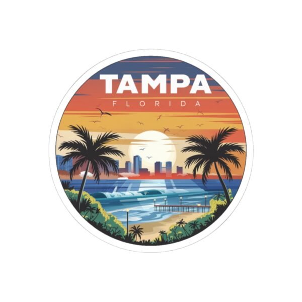 12265532223858228726_1200.jpeg Tampa Florida Sticker - Retro Coastal Sunset with Palm Trees, City Skyline, Ocean Waves & Pier | Vintage Travel Beach Art
