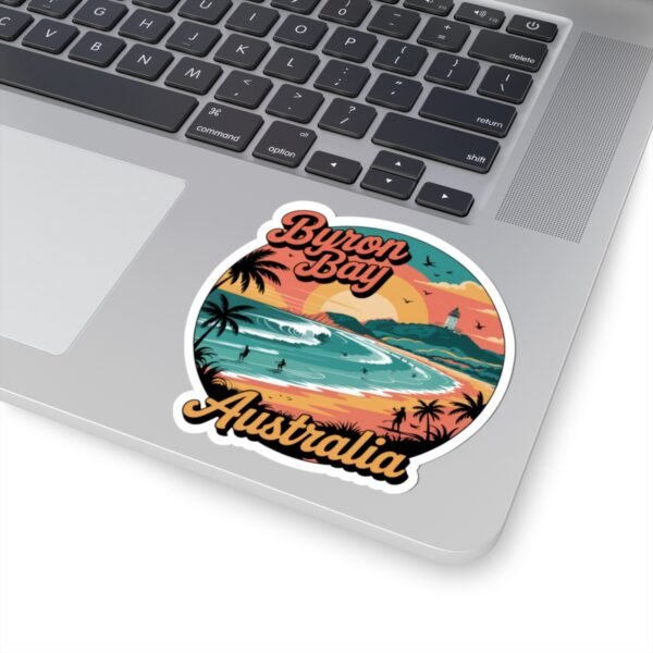 Byron Bay Australia Sticker - Retro Coastal Surf Design with Sunset, Lighthouse, Palm Trees & Surfers - Vintage Travel Souvenir Art
