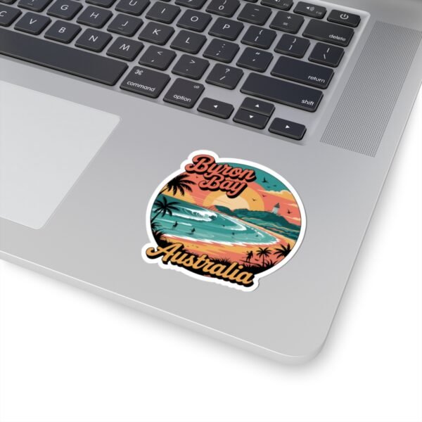 Byron Bay Australia Sticker - Retro Coastal Surf Design with Sunset, Lighthouse, Palm Trees & Surfers - Vintage Travel Souvenir Art