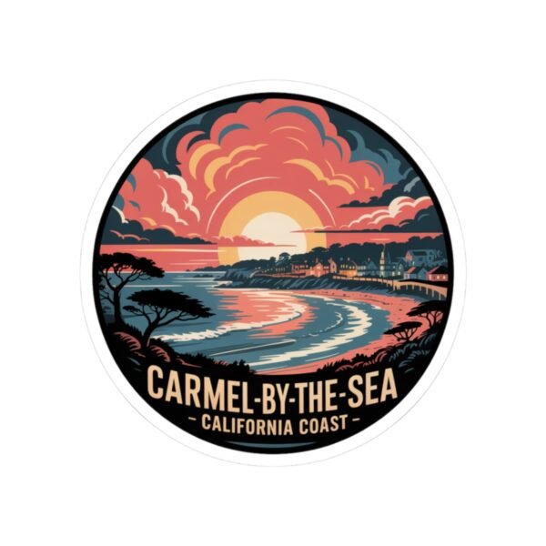 12358519209831967513_1200.jpeg Carmel-by-the-Sea California Sticker - Retro Sunset Coastal Art, Vintage Round Ocean View with Cottages & Cypress Trees, Travel Souvenir