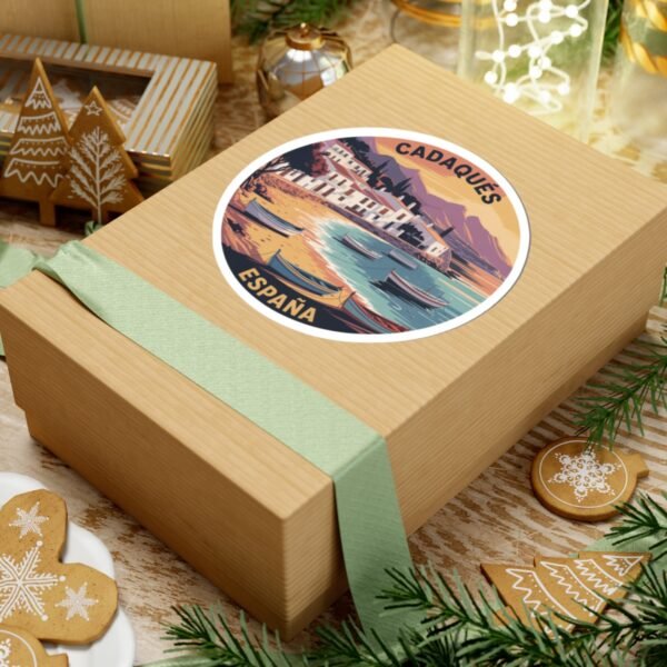 Cadaqués España Sunset Round Vinyl Sticker - Mediterranean Coastal Design, Spanish Seaside Travel Gift, Costa Brava Beach Art
