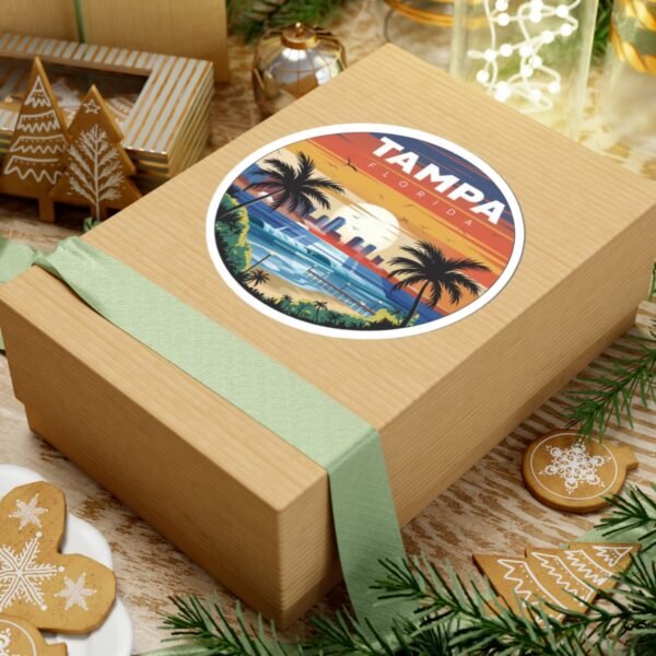 12699816353923223718_1200.jpeg Tampa Florida Sticker - Retro Coastal Sunset with Palm Trees, City Skyline, Ocean Waves & Pier | Vintage Travel Beach Art