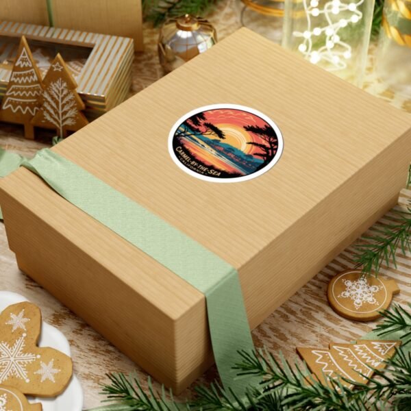 Carmel-by-the-Sea California Sunset Sticker - Vintage Coastal Round Design with Cypress Trees, Ocean Waves & Village Skyline