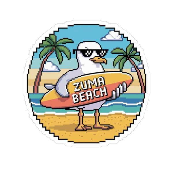 Zuma Beach Pixel Art Sticker - 8-Bit Seagull Surfboard Sticker, California Summer Vibes, Retro Gamer Beach Sticker, Cool Vinyl Decal